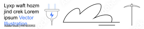 Electric energy, mining, technology, data development, abstract concepts, innovation. A power plug with a lightning symbol, abstract cloud shape pickaxe icon. Electric energy and mining concept