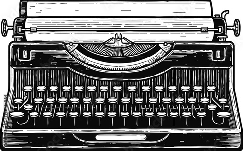 vintage typewriter with paper sheet, retro mechanical writing machine, classic office tool illustration