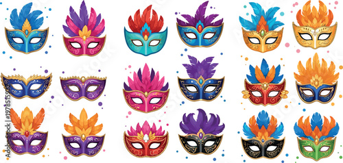Masquerade Mask Icon Set Featuring Colorful Feathered Masks in Various Designs for Web and App Use