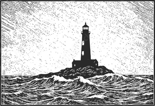 Lighthouse on rocky island with turbulent ocean waves vintage black and white marine seascape illustration