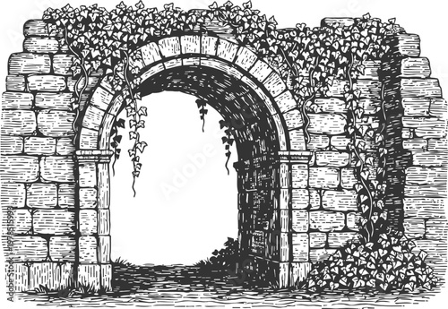Vintage stone archway covered with ivy old brick gate entrance surrounded by climbing plants and greenery