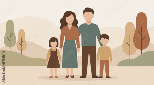 Happy family of four standing together in a natural outdoor landscape