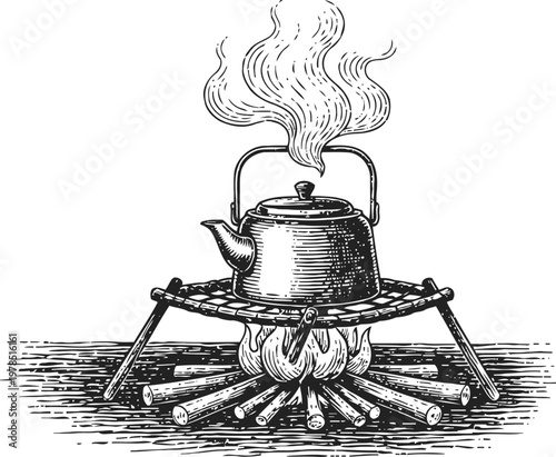 Vintage kettle boiling over campfire with smoke rising, outdoor cooking and camping concept