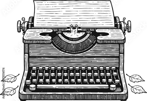 Vintage typewriter with blank paper and autumn leaves, retro writing device vector illustration