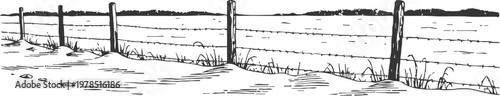 Rustic wooden fence with wire strands on rural landscape, hand drawn countryside border illustration