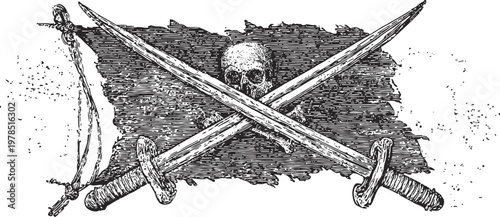 Crossed pirate swords over tattered flag with skull emblem in vintage engraving