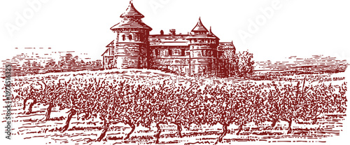 Vintage vineyard estate sketch with historic castle building and rows of grapevines in countryside