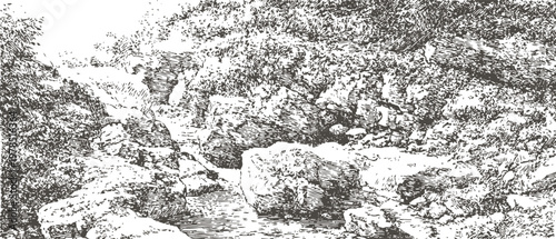 Natural rocky creek flowing through dense forest landscape, detailed black and white pen illustration