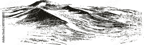 Black and white ink illustration of ocean waves with dynamic lines and textured movement