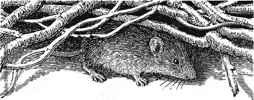 Detailed vintage illustration of a rat hiding under tree branches in black and white ink