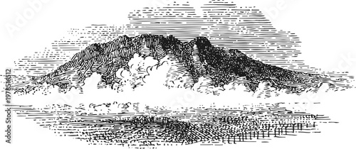 Vintage illustration of volcanic mountain erupting with smoke and ash clouds