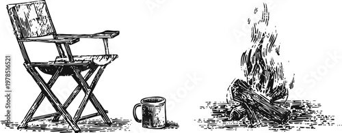 Hand drawn camping scene with director chair, mug, and crackling campfire flames