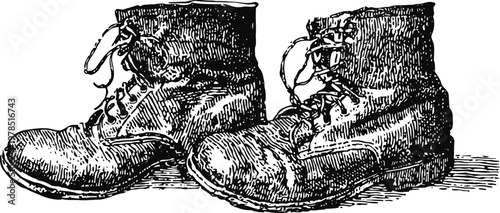 worn vintage leather boots with laces, detailed old fashioned footwear sketch