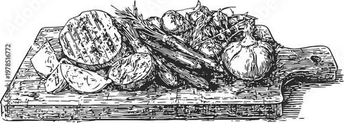 Grilled chicken sandwich with fresh vegetables on a wooden serving board