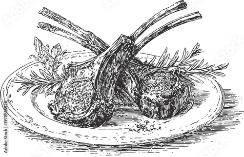 Grilled lamb chops on plate with rosemary and seasoning, gourmet rustic dish illustration