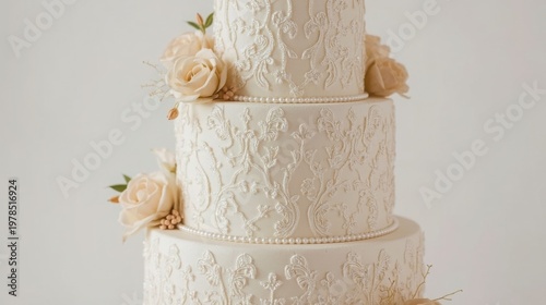 Elegant three tiered wedding cake with intricate lace pattern and beige roses on white background