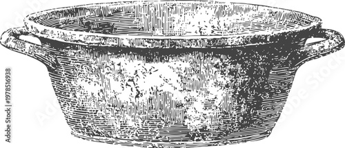 Vintage rustic metal basin with handles, old fashioned round wash tub illustration