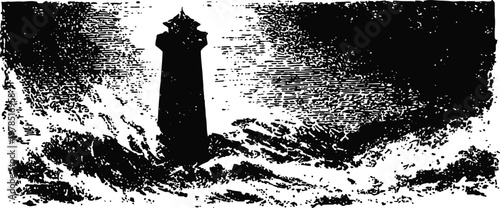 Lighthouse standing strong amid stormy waves crashing under dark sky at sea coast