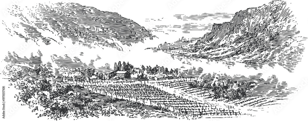 Fototapeta premium vintage black and white engraving of a mountain village landscape with vineyards and hills
