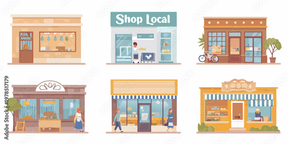 Fototapeta premium Colorful illustrations of various storefronts promoting local businesses