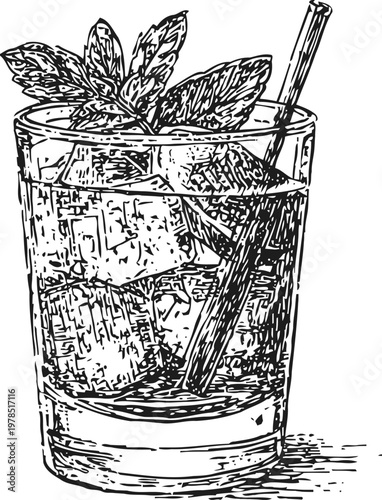 Glass of iced drink with mint leaves and straw refreshing beverage with ice cubes and herbs illustration
