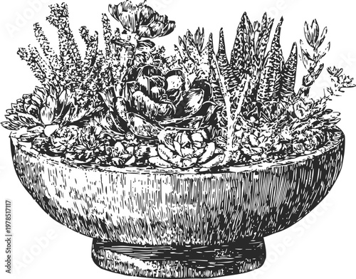 Succulent plants variety in a round wooden bowl detailed ink drawing illustration