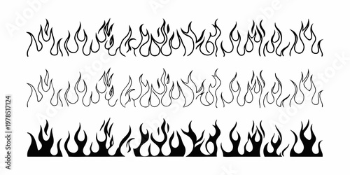 Collection of stylized black flames arranged in neat horizontal rows