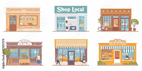 Colorful illustrations of various storefronts promoting local businesses