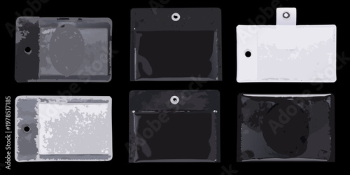 Six plastic identification card holders displayed against a black background