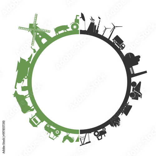 Circle with agricultural and heavy industry icons. Objects located around the circle. Field for text in the center. Background for eco products. Business responsibility.
