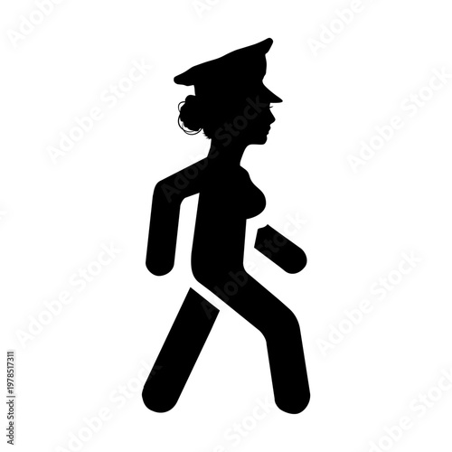 Policewoman side view icon. A minimalist black silhouette icon representing a female figure in a walking motion.