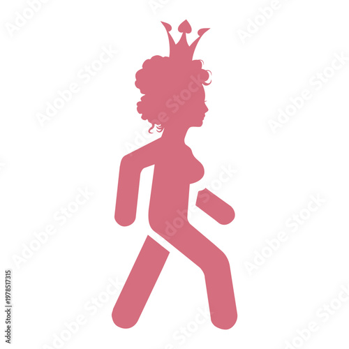 A minimalist pink silhouette icon representing a female figure in a walking motion, symbolizing movement, pedestrian activity, and basic human action. Profile view of a princess or queen.