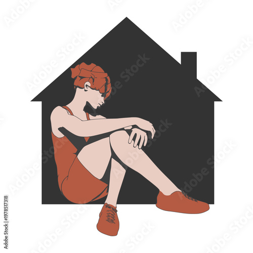 Woman locked in home. Domestic violence, abuse. Female character. Sadness and loneliness.