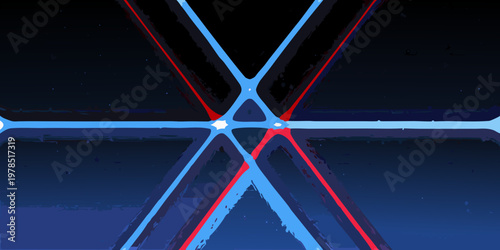 Abstract geometric pattern featuring intersecting blue and red lines on black