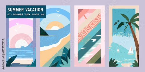 Colorful summer vacation themed graphic panels with beach and tropical scenes