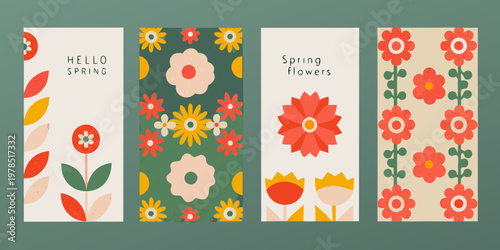 Four vertical banners with floral patterns and spring greetings