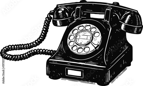 Vintage rotary telephone illustration classic old fashioned landline device with cord handset