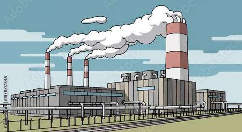 Industrial Power Plant with Chimneys Emitting Smoke.