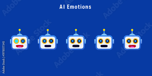 Five cartoon robots displaying a range of digital emotions on blue