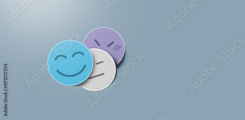 Emotional feedback icons showing happy neutral and angry faces on pastel blue background, representing customer sentiment analysis user experience satisfaction rating and mood evaluation concept