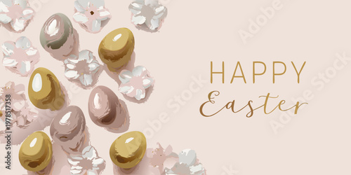 Festive easter eggs and blossoms with a happy easter greeting