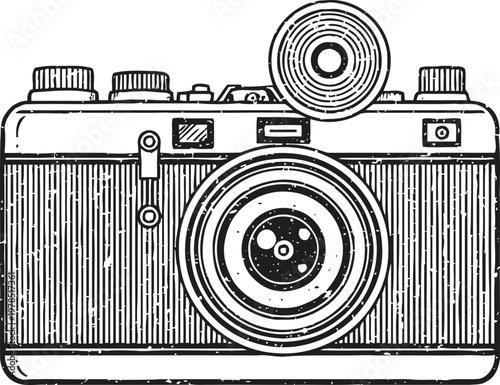 Vintage camera illustration with detailed lens and flash, classic equipment drawing