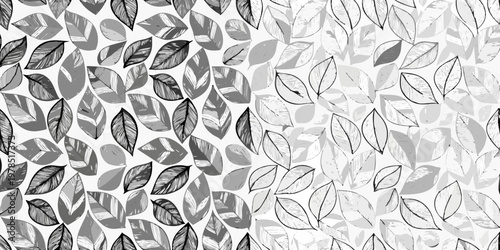 Abstract seamless pattern of sketched leaves in grayscale tones
