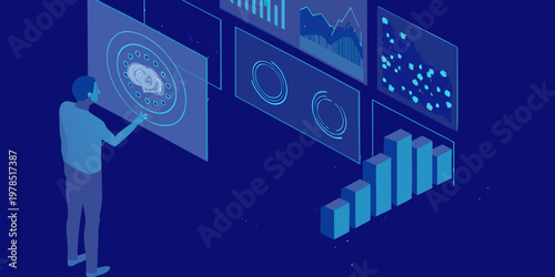 Man interacting with futuristic data visualizations and analytical dashboards
