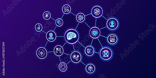 Abstract network of glowing icons representing technology and interconnected ideas