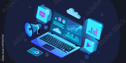 Isometric illustration of a laptop surrounded by digital marketing elements