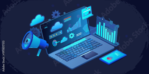 Isometric illustration depicting data analytics marketing and modern technology
