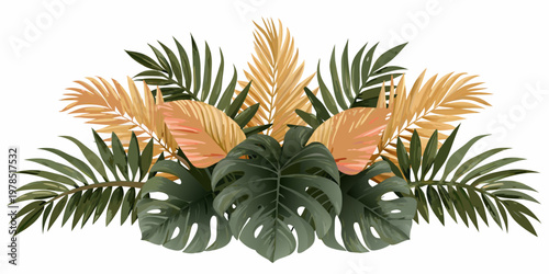 A vibrant arrangement of tropical monstera and palm leaves