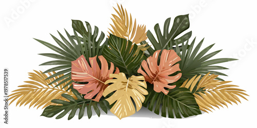 A vibrant arrangement of tropical leaves in shades of green gold and red