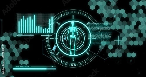 Animation of scopes, skeleton and scientific data processing over black background